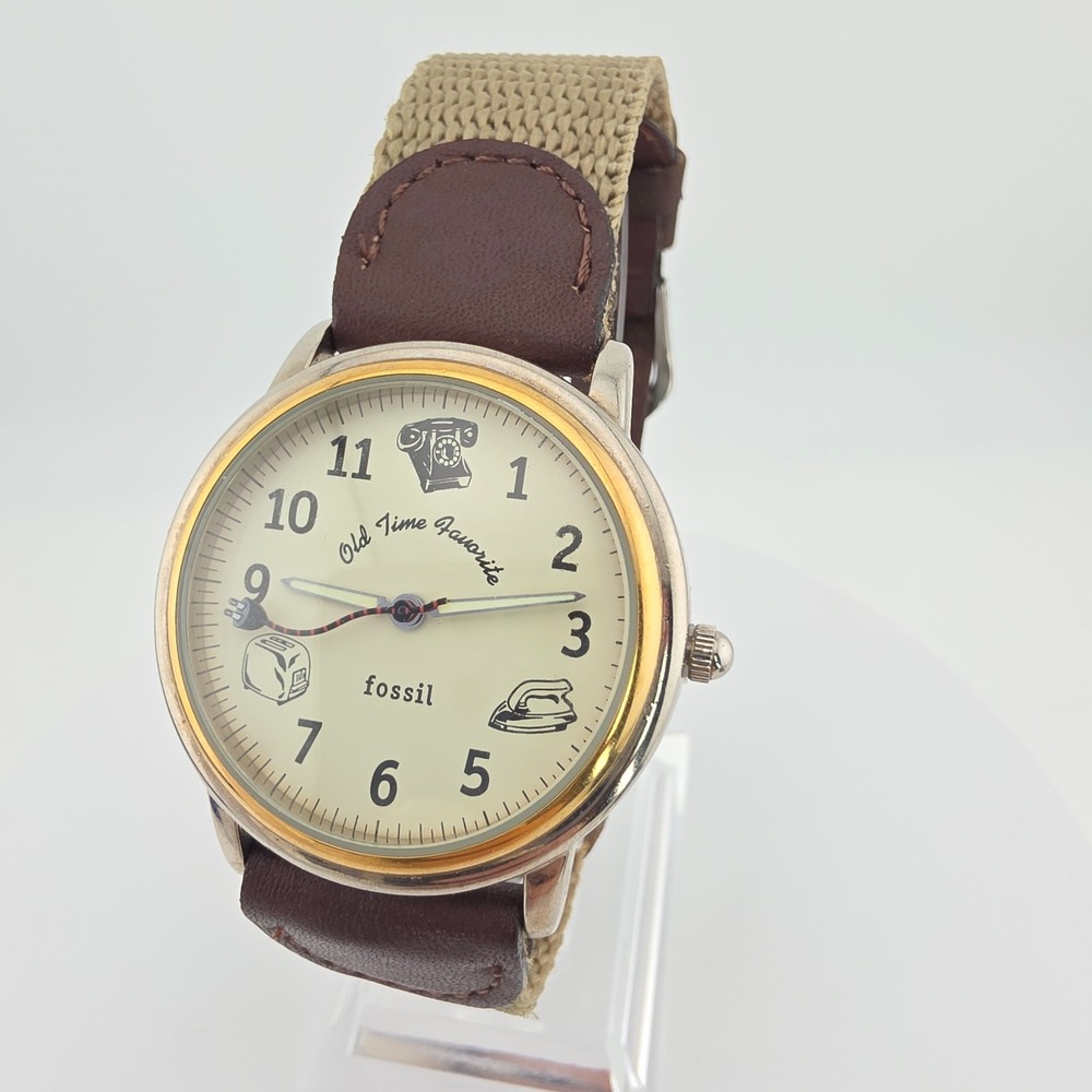 Vtg 1990s FOSSIL Mens Watch Limited Edition Old Times Favorite Leather Canvas 8"
